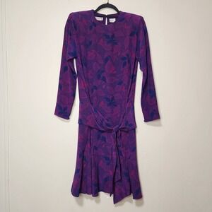 Vintage Liz Claiborne Purple Drop Waist Dress Long Sleeve Silk Womens Size 8P